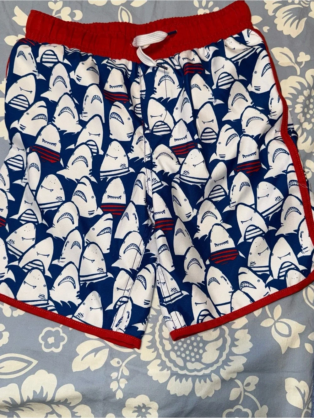 Lands' End Red Waistband Blue Shark Swim Shorts